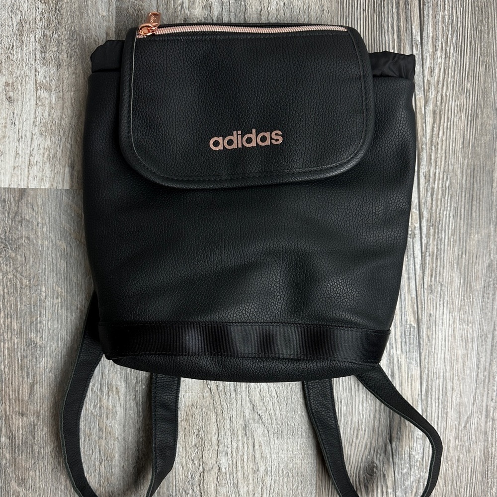 ADIDAS WOMEN’S BLACK FAUX LEATHER ROSE GOLD SMALL FESTIVAL DRAWSTRING BACKPACK